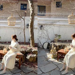 Bell-sleeve Frill-trim Long Dress Ivory - One Size