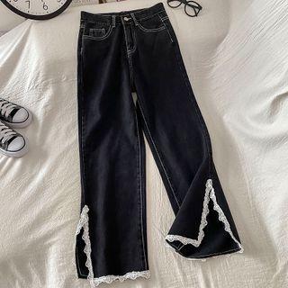 Lace Trim Slit-hem Wide Leg Jeans