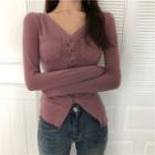 Pocket Detail V-neck Long-sleeve T-shirt Ash Pink - One Size