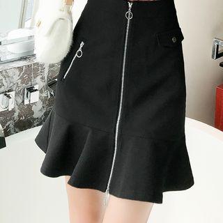Front Zip Ruffle Hem A-line Skirt