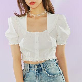 Puff-sleeve Square-neck Lace Trim Top