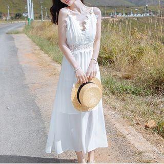 Lace Trim Sleeveless Plain Midi Dress