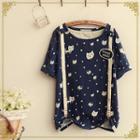 Short-sleeve Cat Print T-shirt With Suspender And Brooch