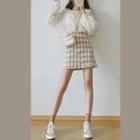 Cable Knit Sweater / Plaid A-line Skirt / Set