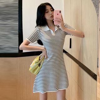 Short-sleeve Striped Knit Mini A-line Polo Dress Stripes - Black & White - One Size