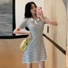 Short-sleeve Striped Knit Mini A-line Polo Dress Stripes - Black & White - One Size