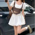Puff-sleeve Plaid Panel Top / Mini A-line Skirt