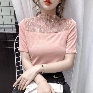 Mock Turtleneck Mesh Panel Short-sleeve T-shirt