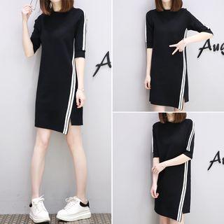 Elbow-sleeve Stripe-side Knit Dress