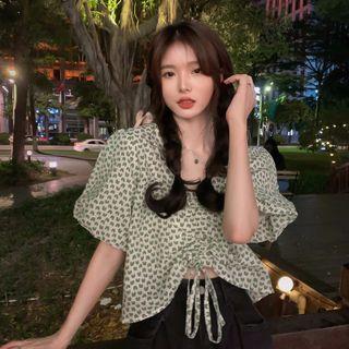 V-neck Drawstring Heart Print Shirt