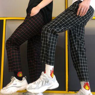Plaid Crop Straight Fit Jeans