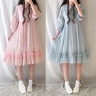 Elbow-sleeve Collared Midi A-line Dress