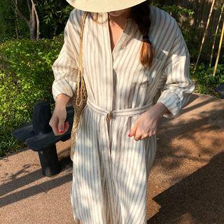 Striped Side Slit Shirtdress With Sash