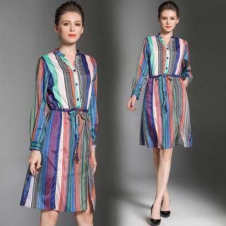 V-neck Stripe Waist-tied Shirtdress
