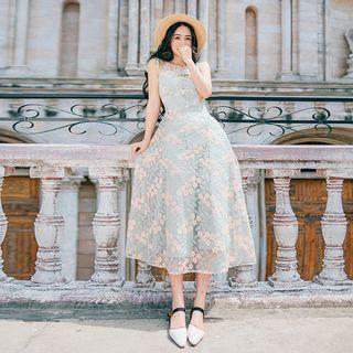 Spaghetti Strap Frill Trim Floral Lace A-line Midi Dress