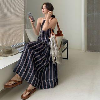 Sleeveless Striped Midi A-line Dress Dark Blue & White - One Size