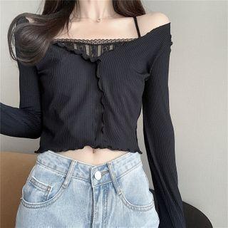 Lace-panel Mock Two-piece Crop T-shirt