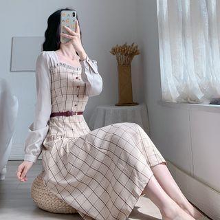 Long-sleeve Plaid Panel Chiffon Midi A-line Dress