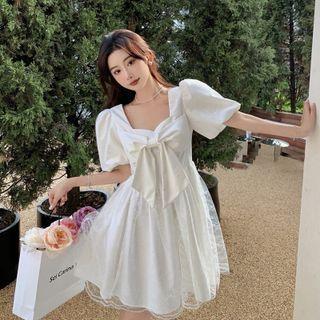 Puff-sleeve Ribbon Lace Panel Mini A-line Dress