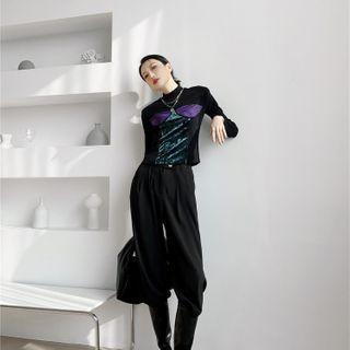 Mock-neck Color Block Panel T-shirt