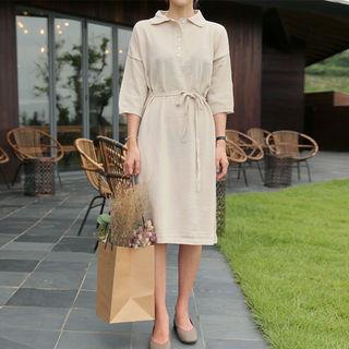 3/4-sleeve Half-placket Knit Midi Dress With Sash