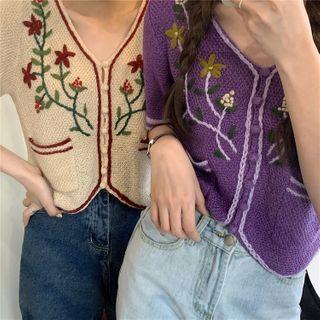 Flower Short-sleeve Perforated Cropped Cardigan