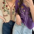 Flower Short-sleeve Perforated Cropped Cardigan