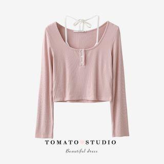 Mock Two Piece Two Tone Button-up Cropped Top