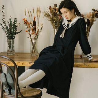 Sailor-collar Long-sleeve Midi A-line Dress