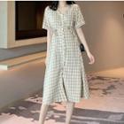 Short-sleeve Plaid Midi A-line Dress Plaid - White - One Size