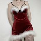 Fur Collar Spaghetti Strap Mini Dress