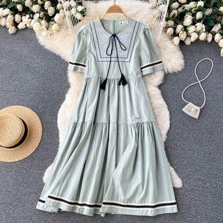 Short-sleeve Ribbon Contrast Trim Midi A-line Dress