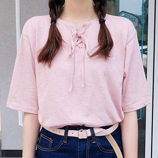 Elbow-sleeve Tie Neck T-shirt