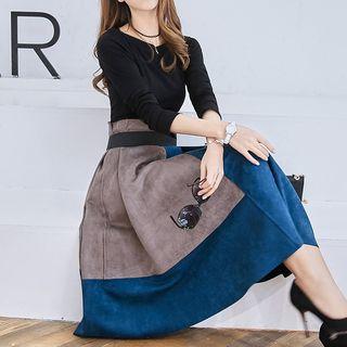 Set: Plain Long-sleeve T-shirt + Color Block Midi A-line Skirt