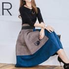Set: Plain Long-sleeve T-shirt + Color Block Midi A-line Skirt
