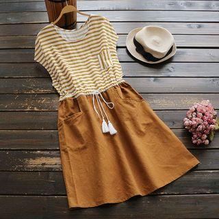 Cap-sleeve Striped Drawstring Dress