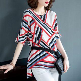 Print Elbow-sleeve Top With Sash