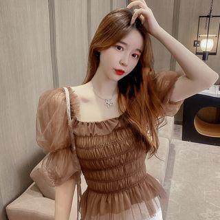 Short-sleeve Mesh Smocked Blouse