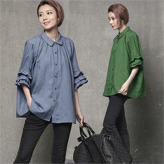 Frill-sleeve Shirred Linen Blouse