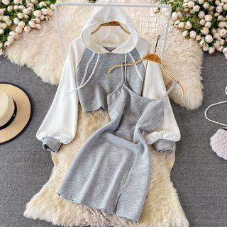 Set: Color Block Crop Hoodie + Slipdress