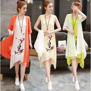 Set: Sleeveless Floral Dress + Open-front Long Light Jacket