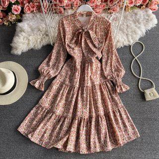 Floral Print Chiffon Flare Long Sleeve Dress