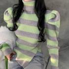 Turtleneck Puff-sleeve Striped Knit Top