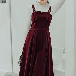 Mock-neck Knit Top / Midi A-line Overall Dress / Set