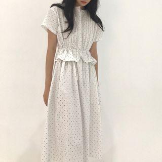 Short-sleeve Dotted Midi A-line Dress White - One Size
