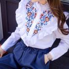 Frilled-trim Embroidered-panel Blouse