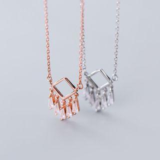 925 Sterling Silver Rhinestone Fringed Pendant Necklace