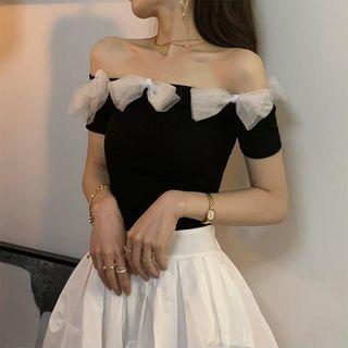 Off-shoulder Mesh Bow Fitted Top