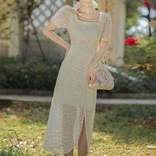 Short-sleeve Square-neck Asymmetric Floral Embroidered Midi Dress
