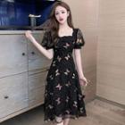Puff-sleeve Butterfly Print A-line Dress